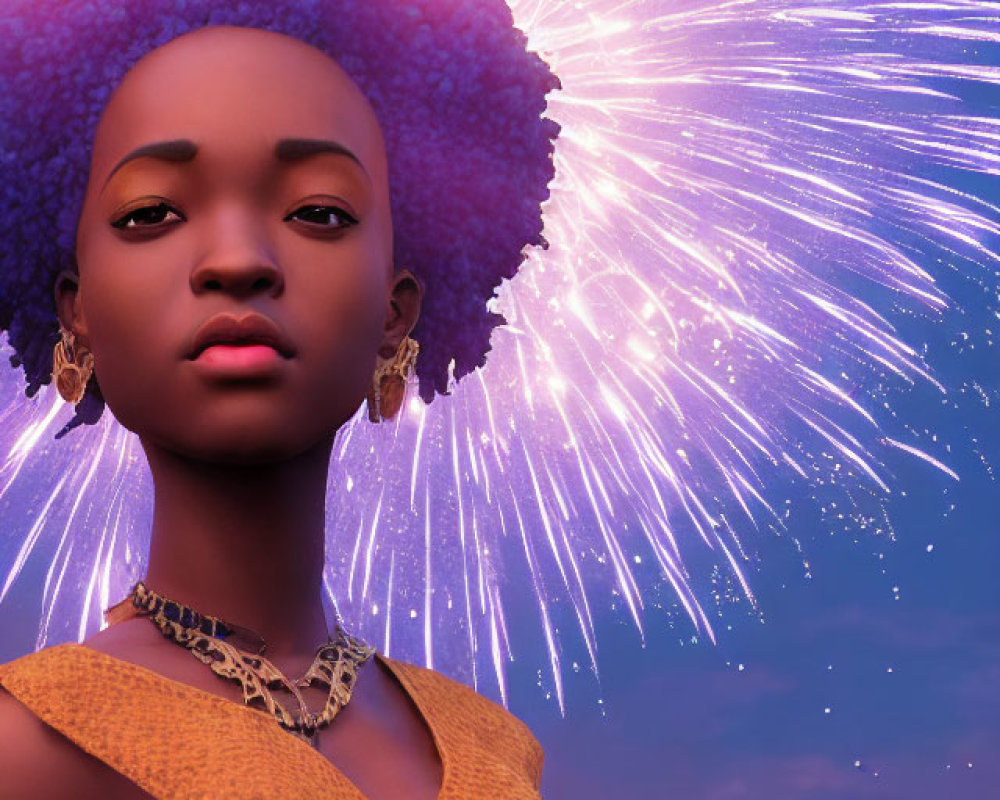 Purple Afro-Haired Animated Character in Yellow Dress with Fireworks Background