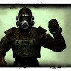 Person in gas mask and hazmat suit with flamethrower on grungy background