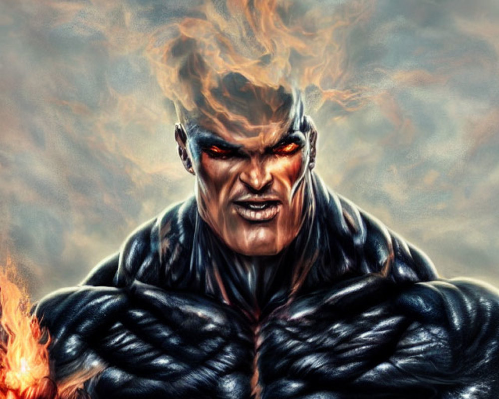 Sinister figure with red eyes and flaming hair holding a fireball.