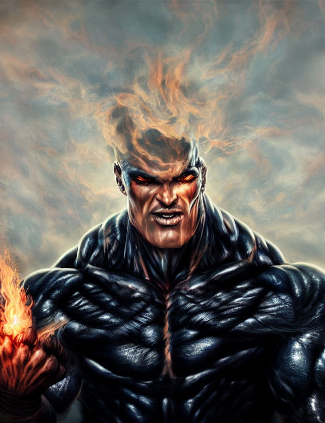 Sinister figure with red eyes and flaming hair holding a fireball.