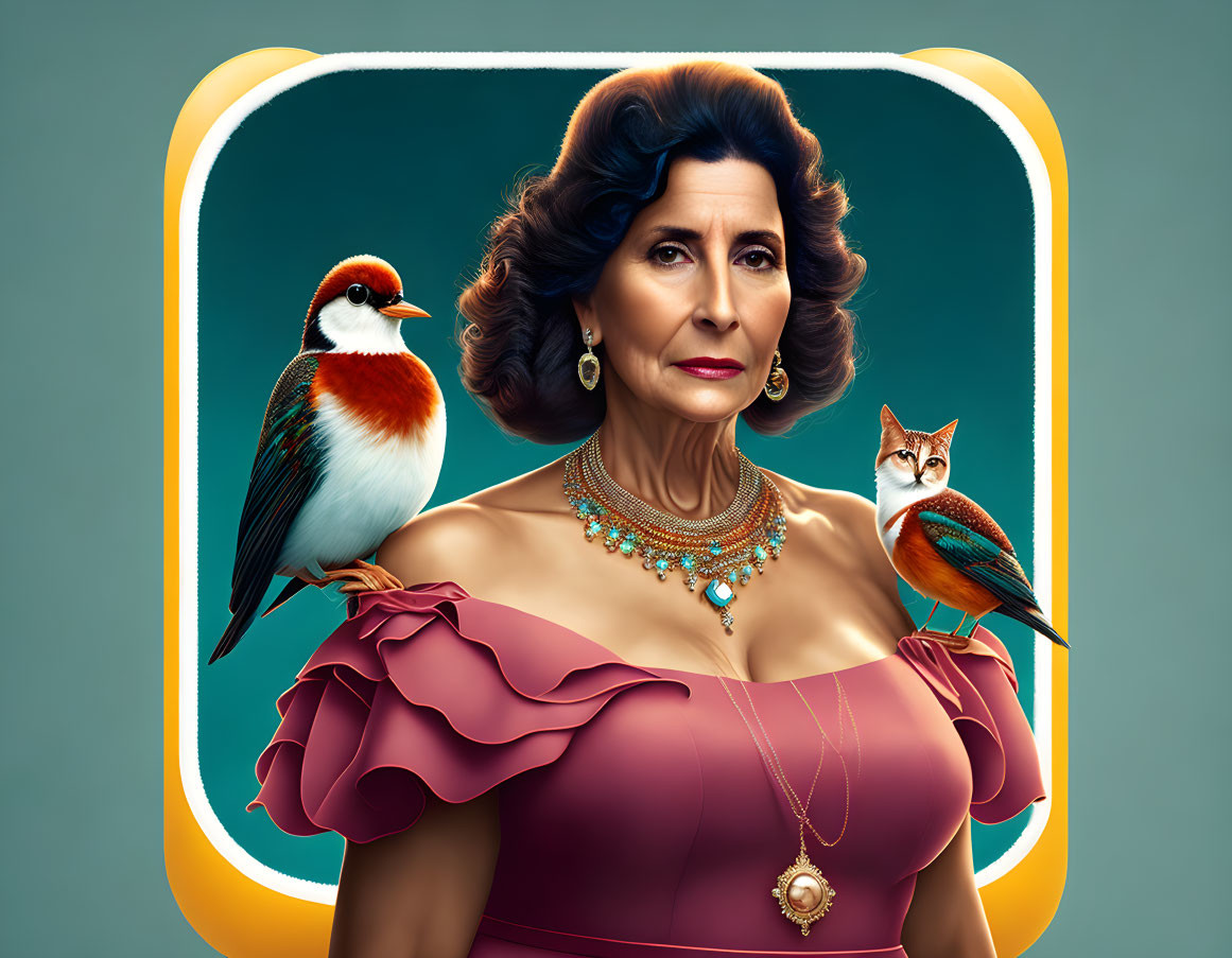 Sophisticated woman in maroon dress with birds on teal background