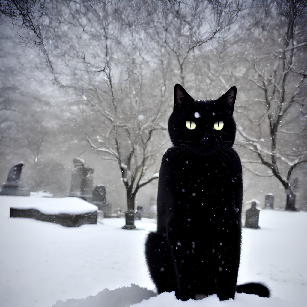Black Cat with Glowing Eyes in Snowy Cemetery with Bare Trees