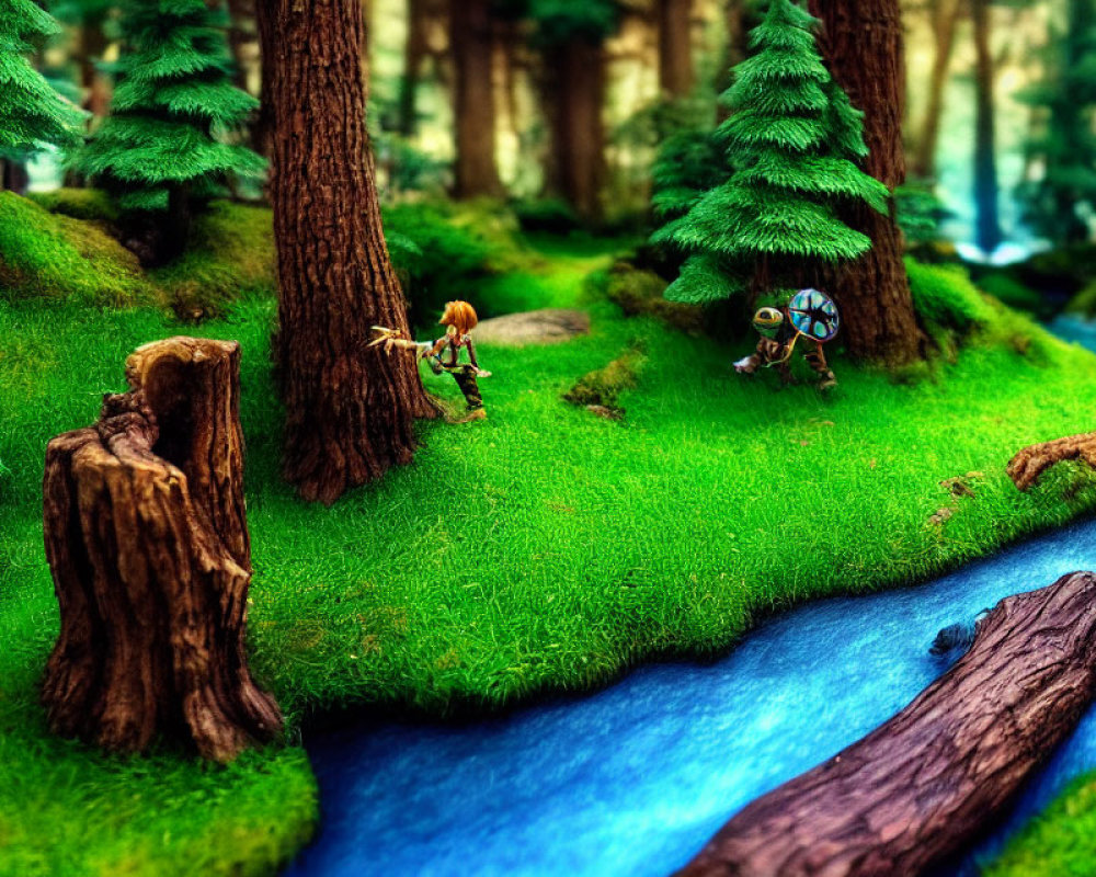 Colorful miniature forest scene with animated warrior figures and lush greenery
