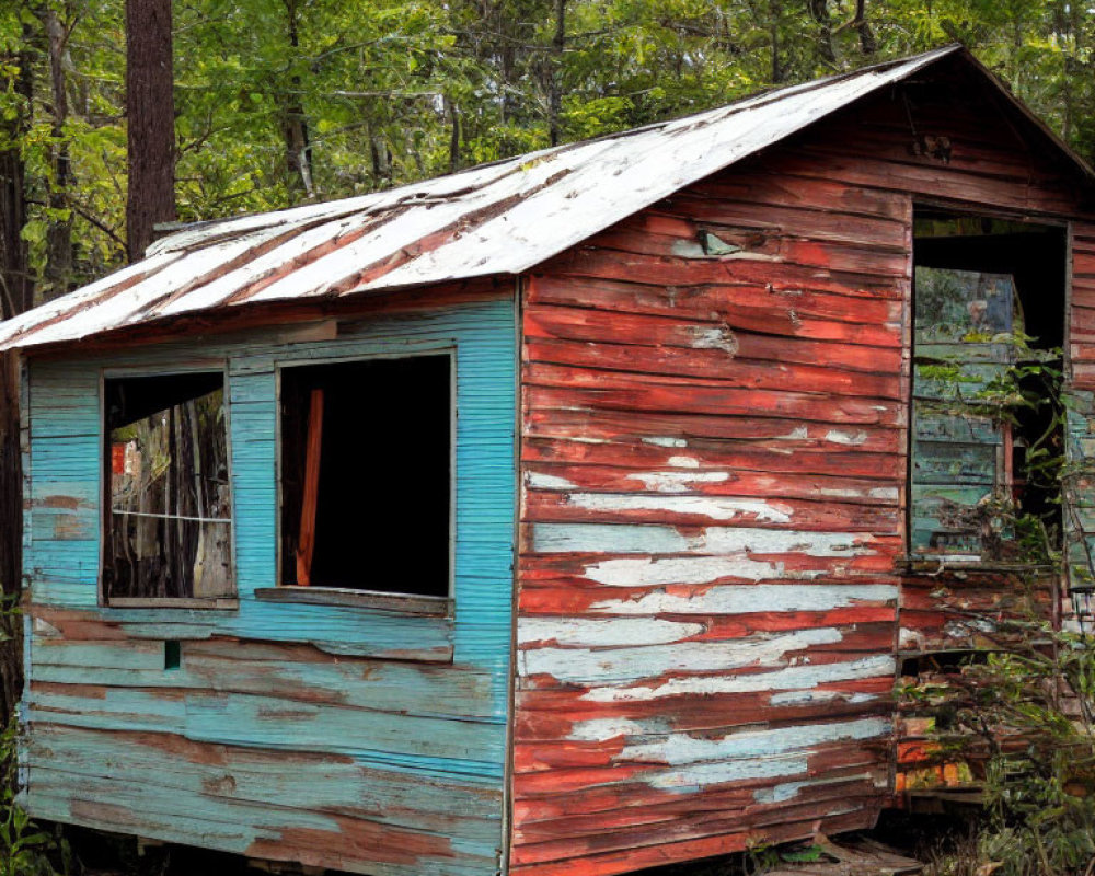 Weathered shack with peeling paint in forest setting