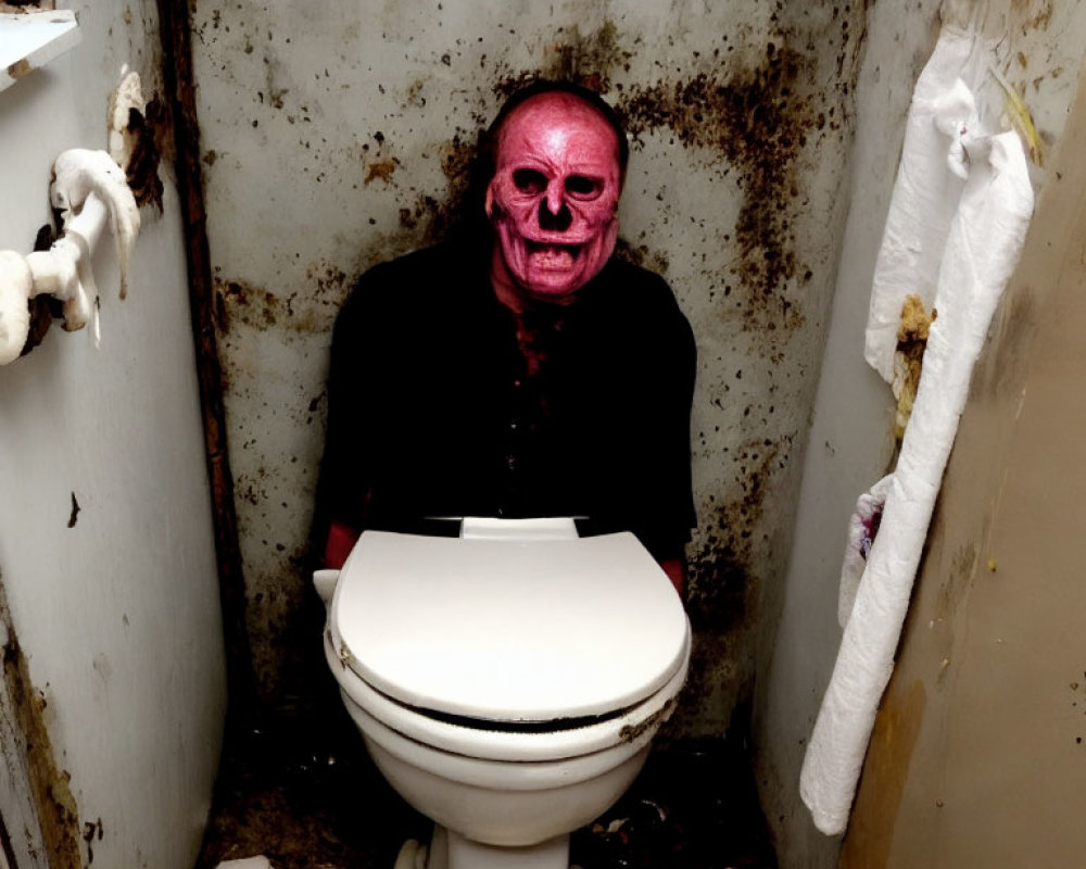 Person in red skull mask on toilet in grimy bathroom