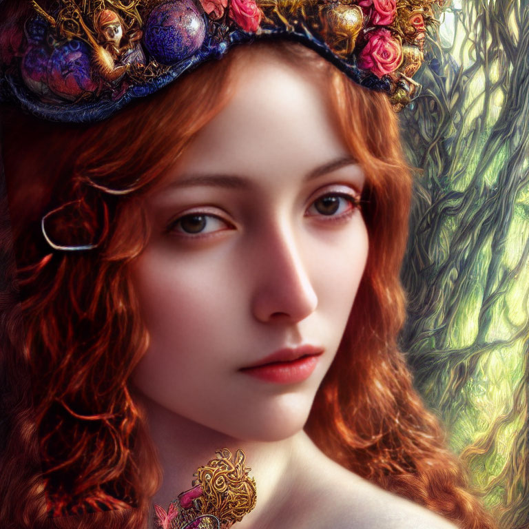 Portrait of Woman with Curly Red Hair and Crown with Flowers