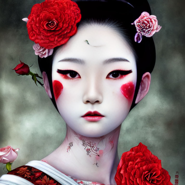 Digital artwork featuring person with pale skin, red floral hairstyle, dramatic eye makeup, and floral neck patterns