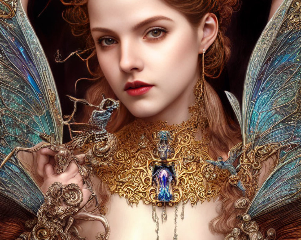 Fantasy portrait of a woman with golden jewelry and dragonfly wings