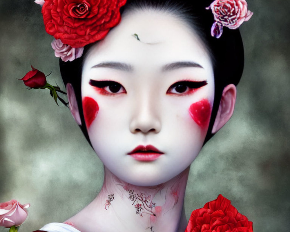 Digital artwork featuring person with pale skin, red floral hairstyle, dramatic eye makeup, and floral neck patterns