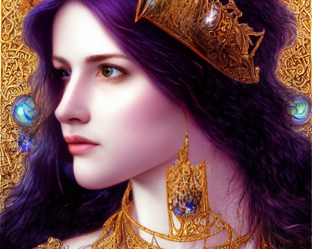 Regal woman with purple hair and gold jewelry on intricate golden background