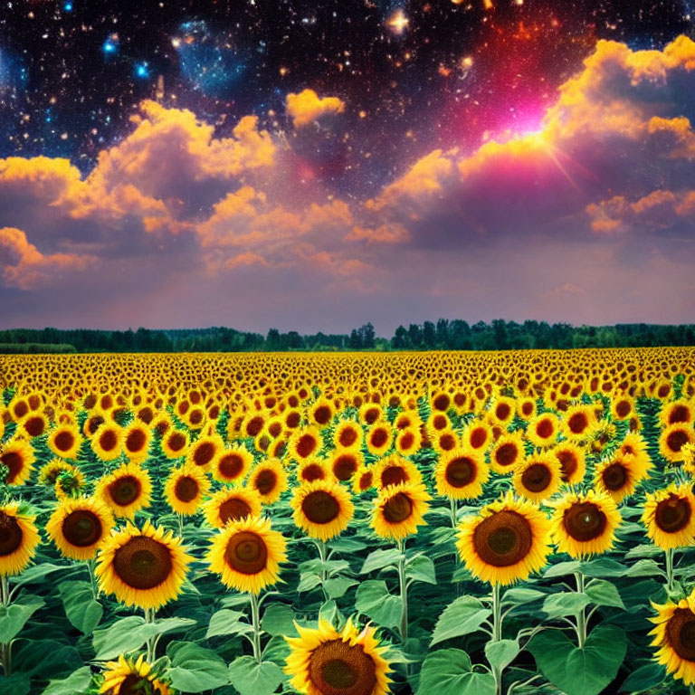 Sunflower Field with Surreal Sky Merge: Starlit Cosmos and Sunset Horizon