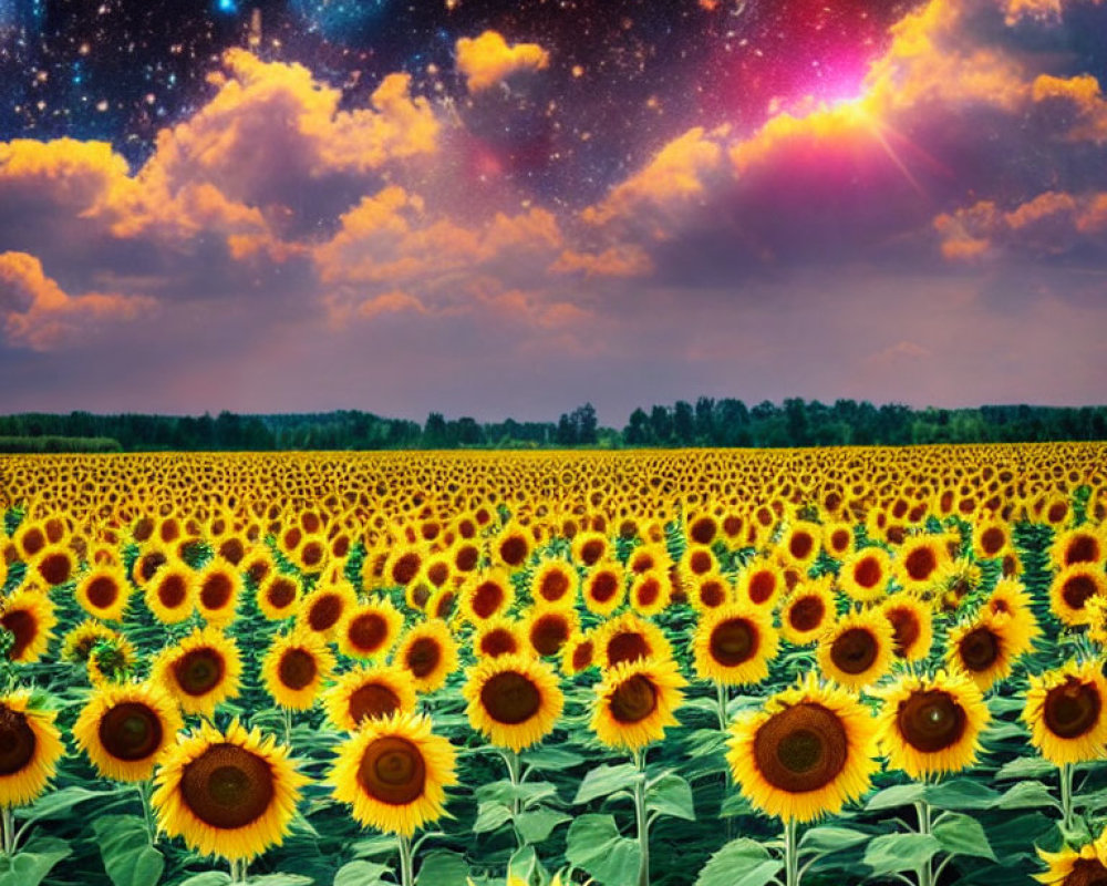 Sunflower Field with Surreal Sky Merge: Starlit Cosmos and Sunset Horizon