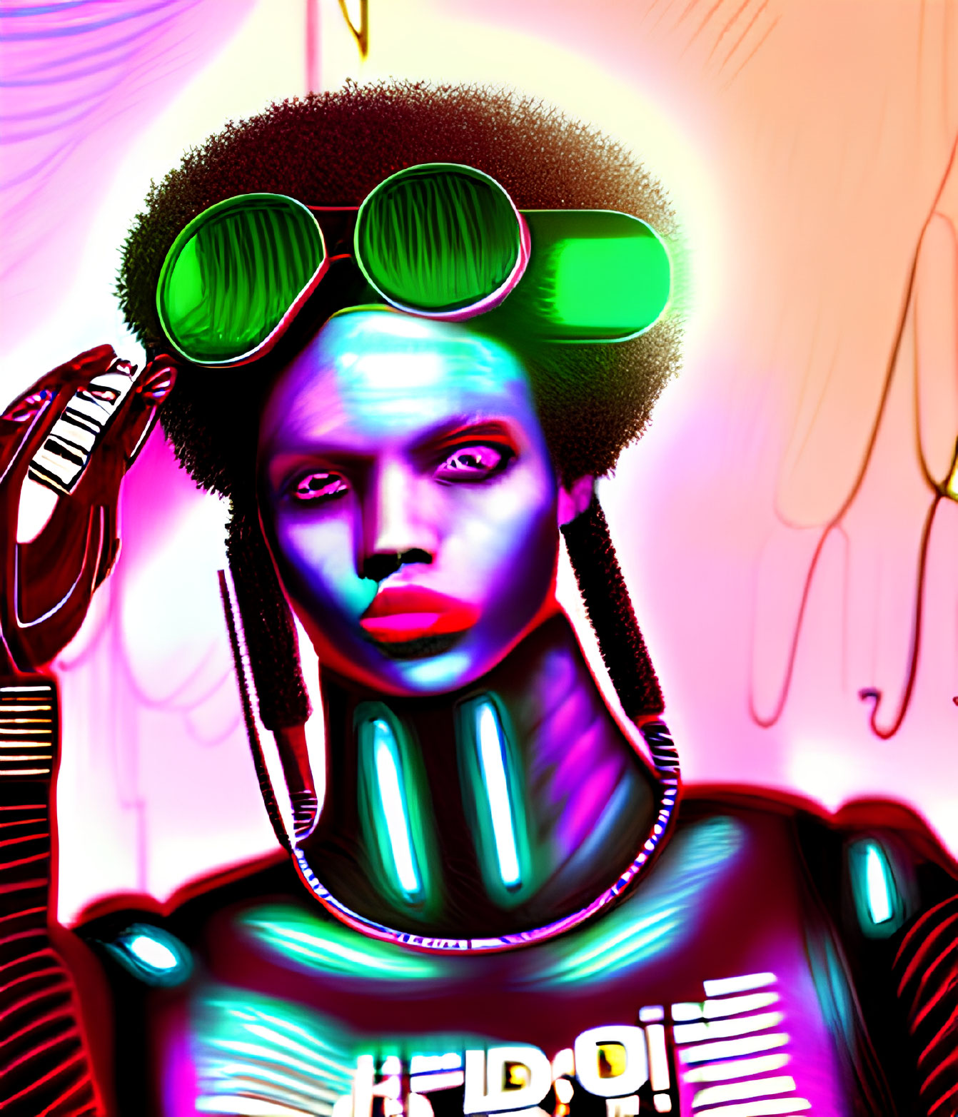 Vibrant digital art: futuristic figure with green glasses, afro, and cybernetic elements