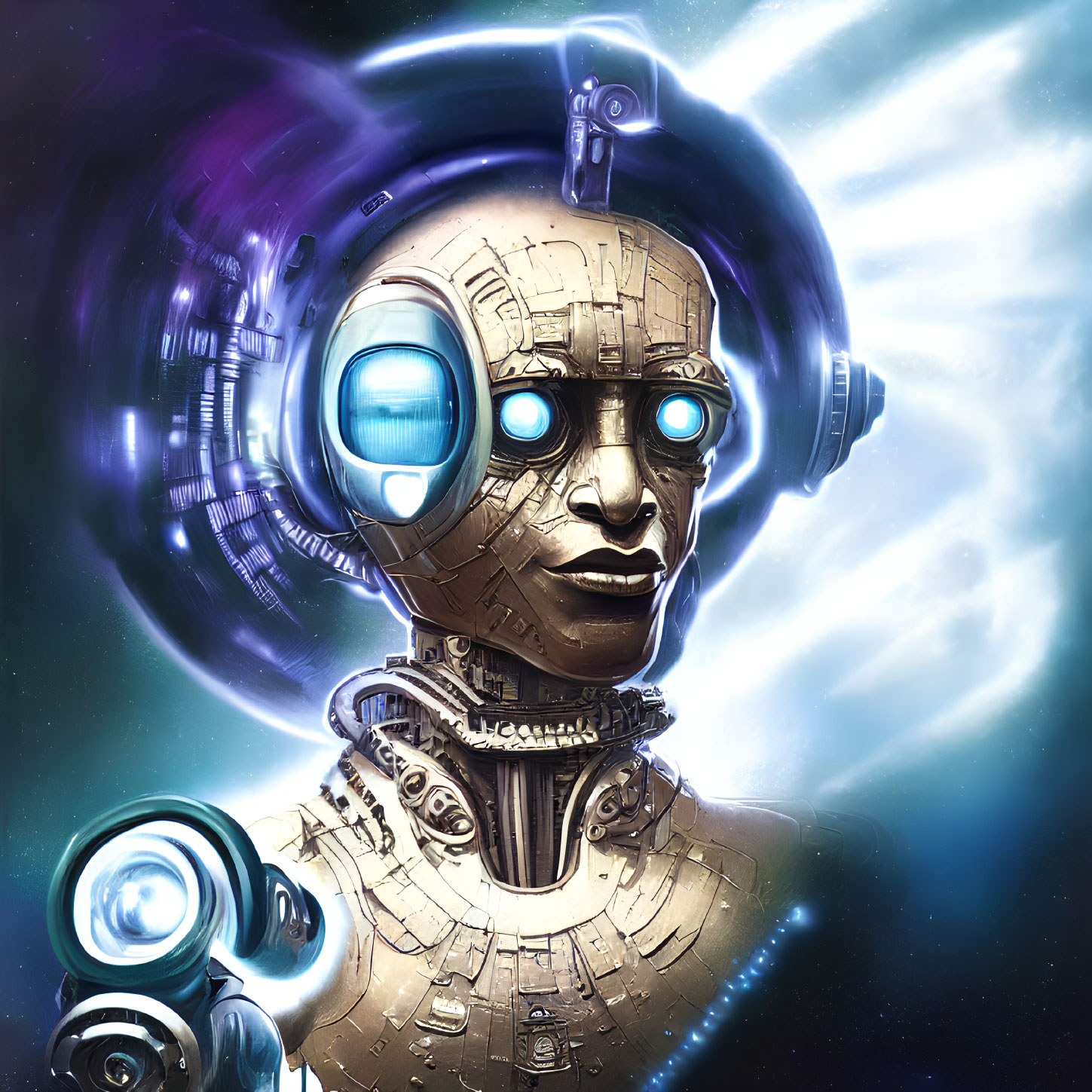 Detailed futuristic robot with humanoid face and glowing blue eyes in cosmic setting