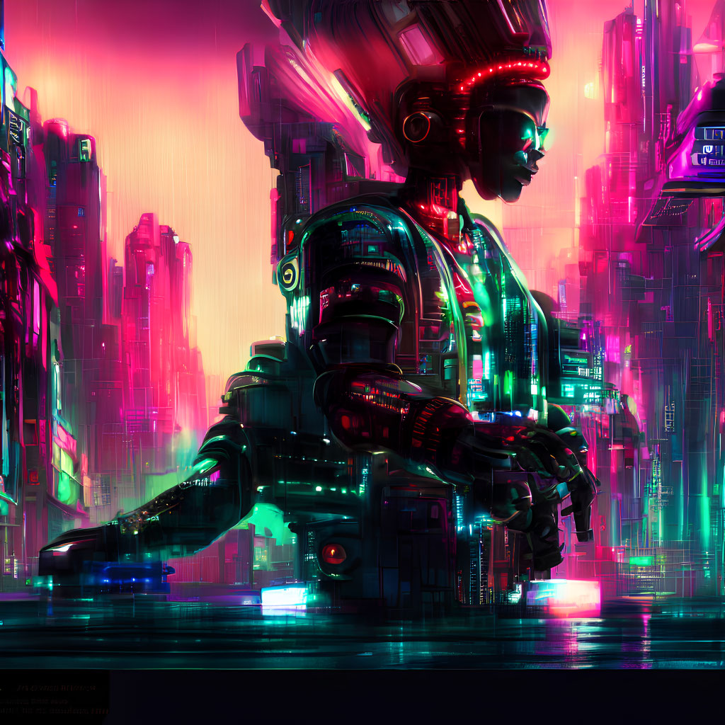 Cybernetic figure with neon accents in futuristic cityscape.