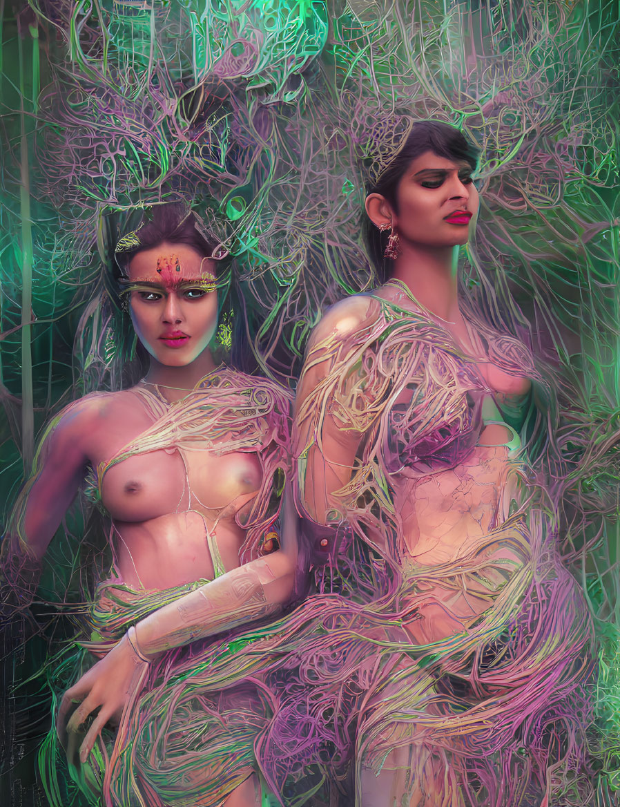 Women with Branch and Leaf Body Art on Vibrant Background