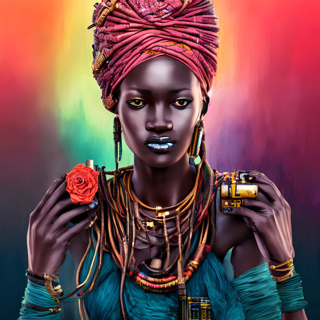 Colorful background woman with striking makeup and large headwrap poses with vibrant jewelry