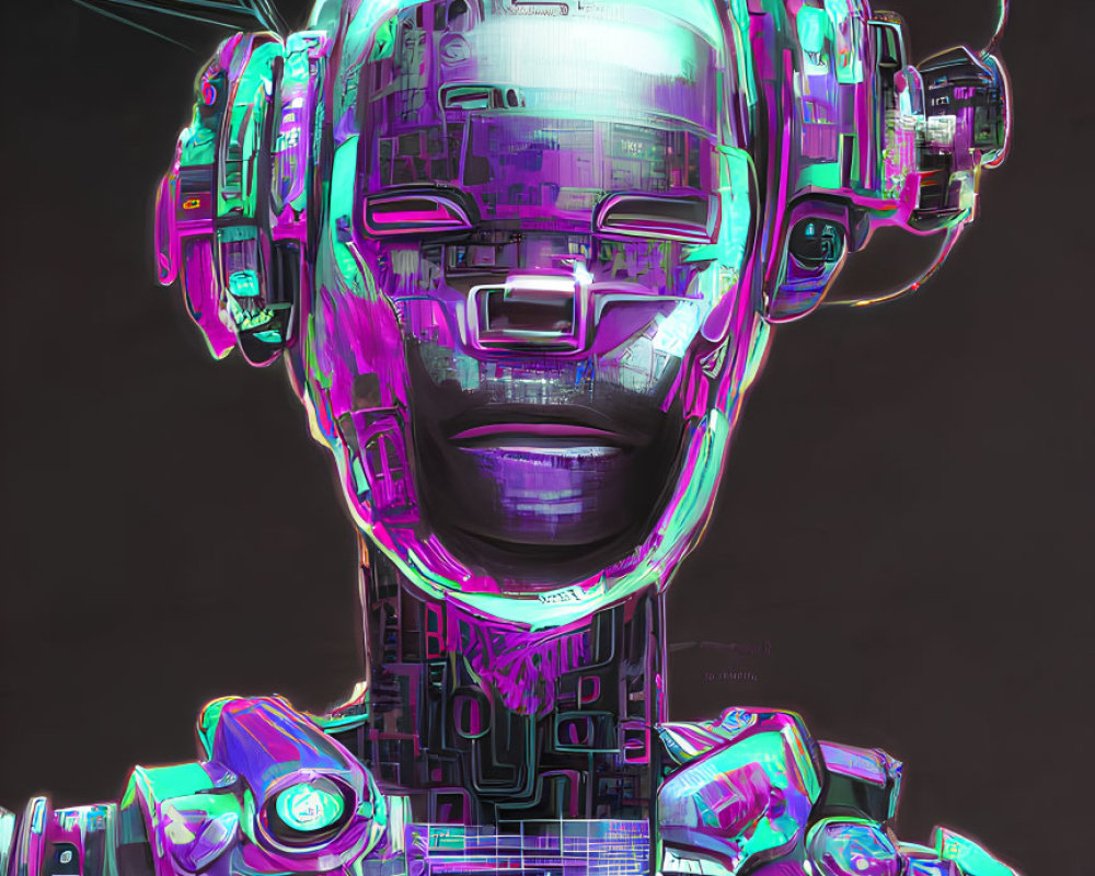 Colorful cyberpunk robot with neon pink and purple hues on dark background