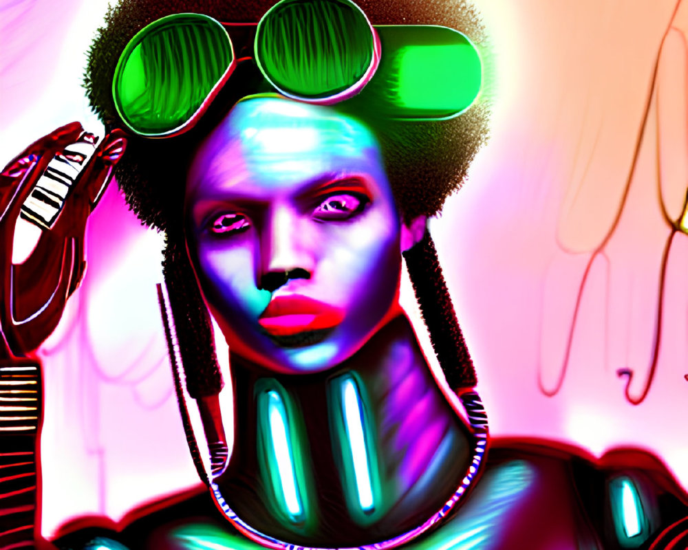 Vibrant digital art: futuristic figure with green glasses, afro, and cybernetic elements