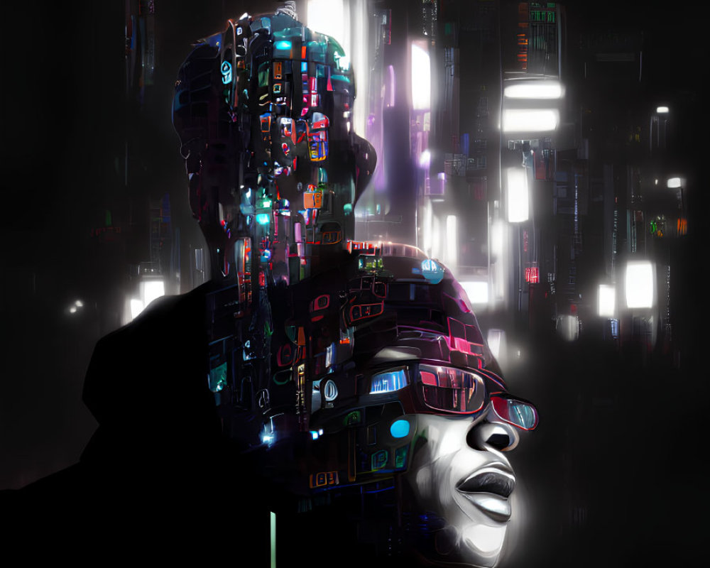 Silhouette with neon cybernetic enhancements and cityscape projections.