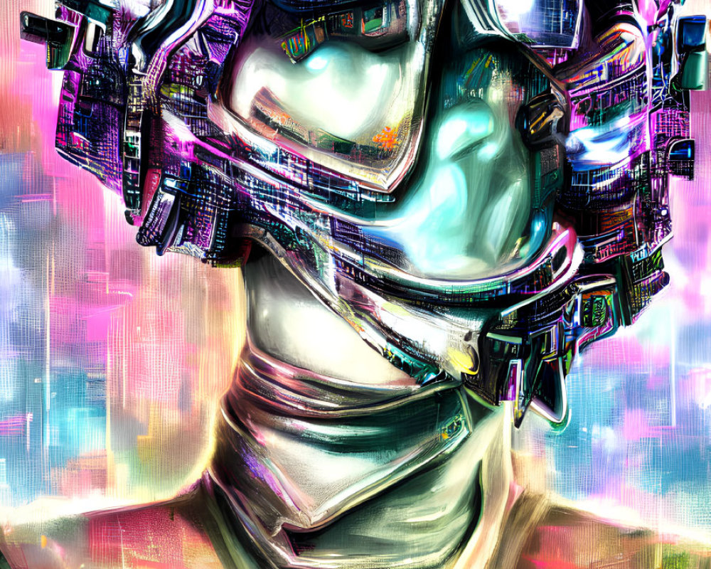 Vibrant digital artwork: futuristic robotic face with glowing eyes on abstract background