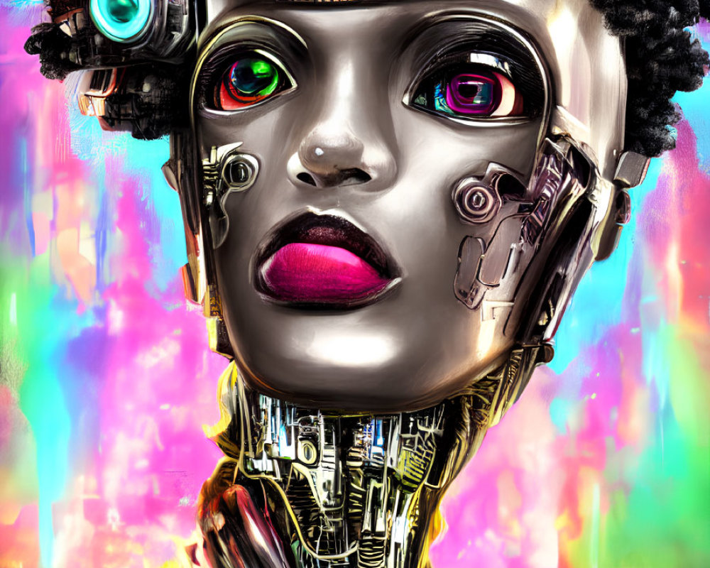 Colorful Female Android Artwork with Mechanical Features and Red Eyes