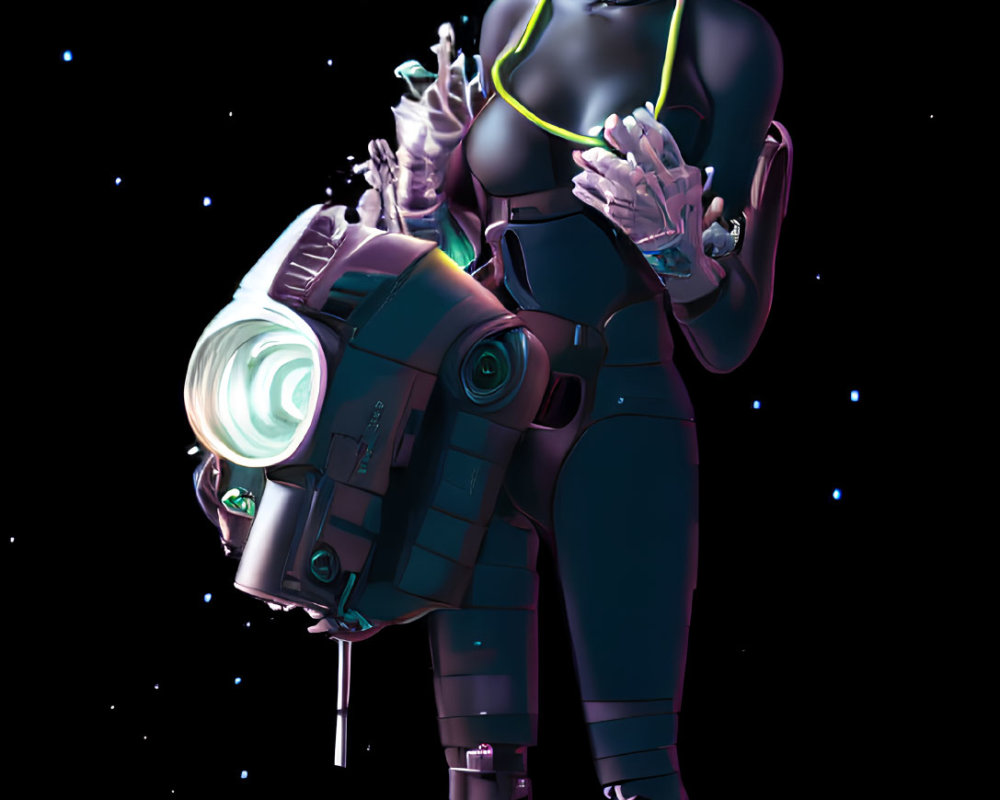 Futuristic female figure in space suit with afro and helmet using holographic interface