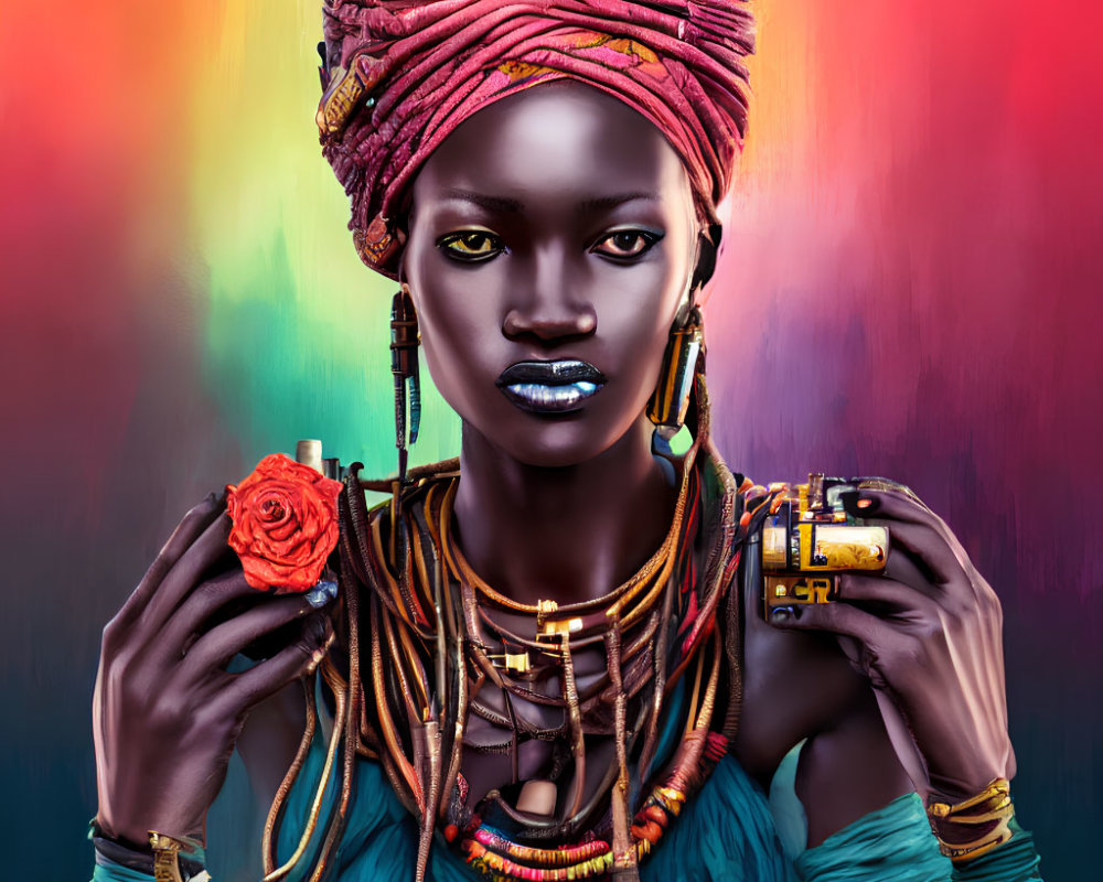 Colorful background woman with striking makeup and large headwrap poses with vibrant jewelry