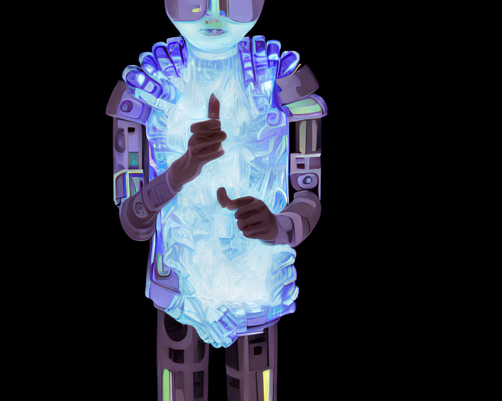 Futuristic robot digital illustration with transparent torso and neon blue highlights