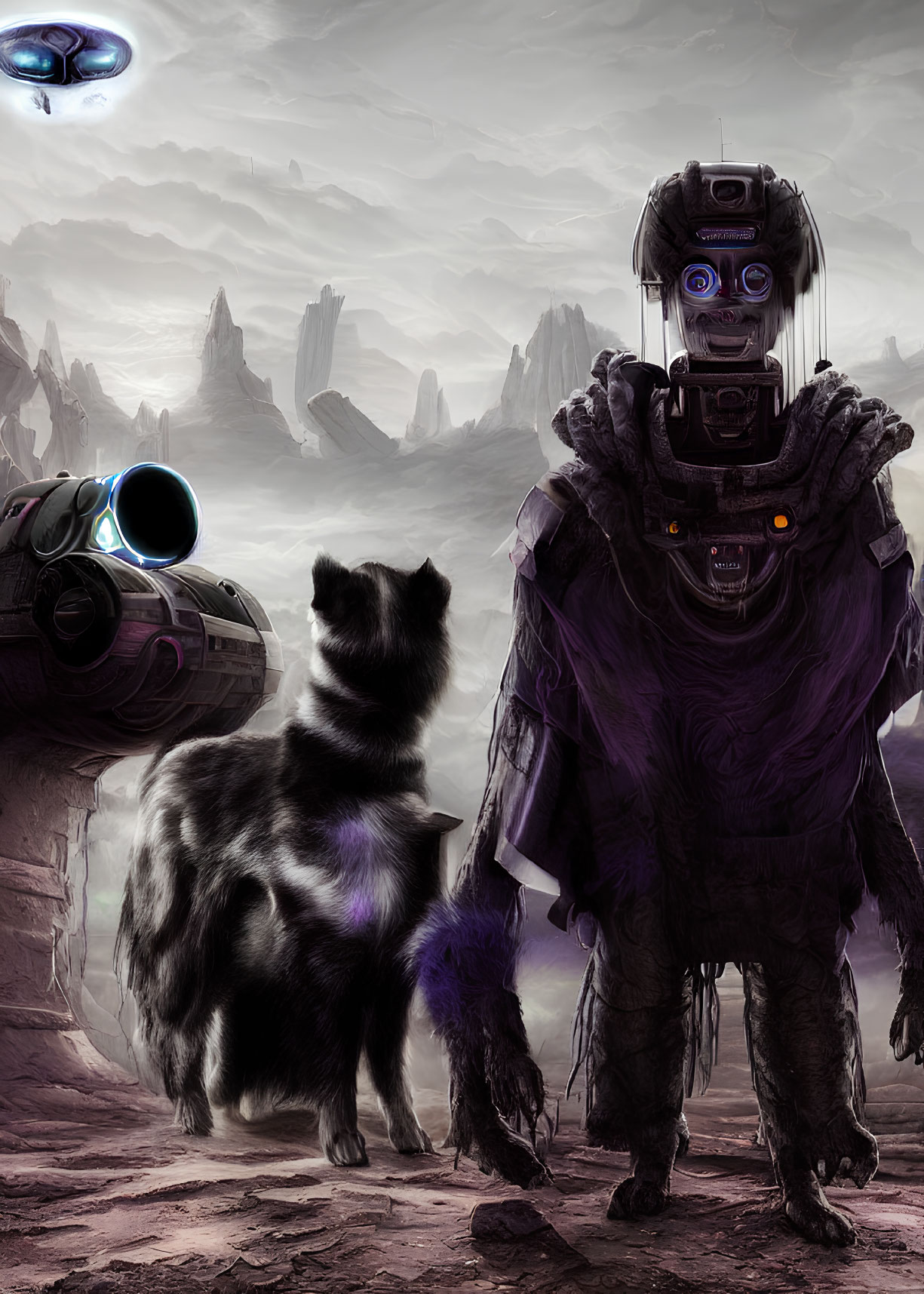 Robot and wolf in tattered space gear on alien landscape with spaceship