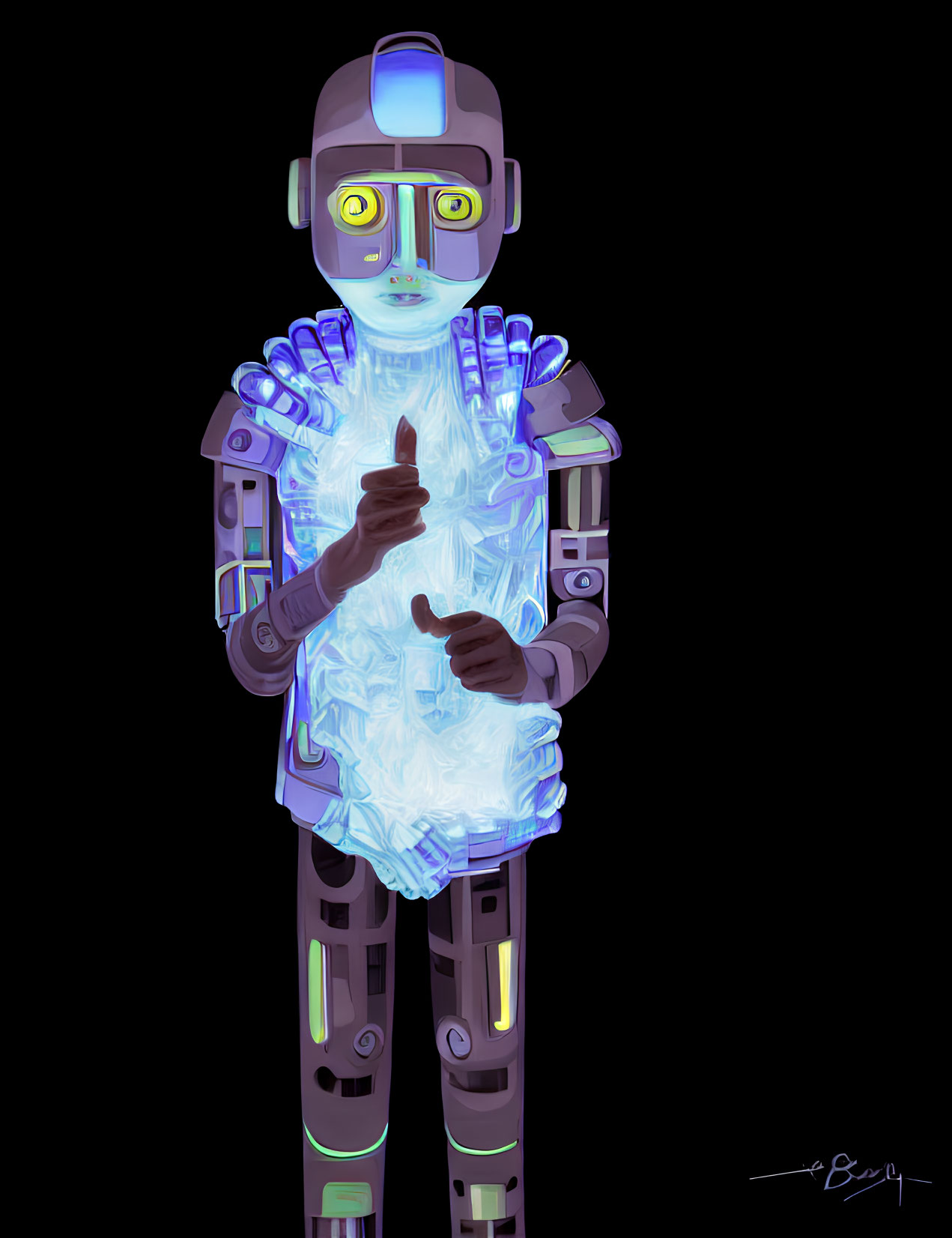 Futuristic robot digital illustration with transparent torso and neon blue highlights