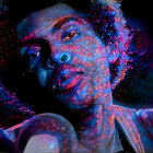 Colorful portrait with blue and purple lighting on textured skin and curly hair