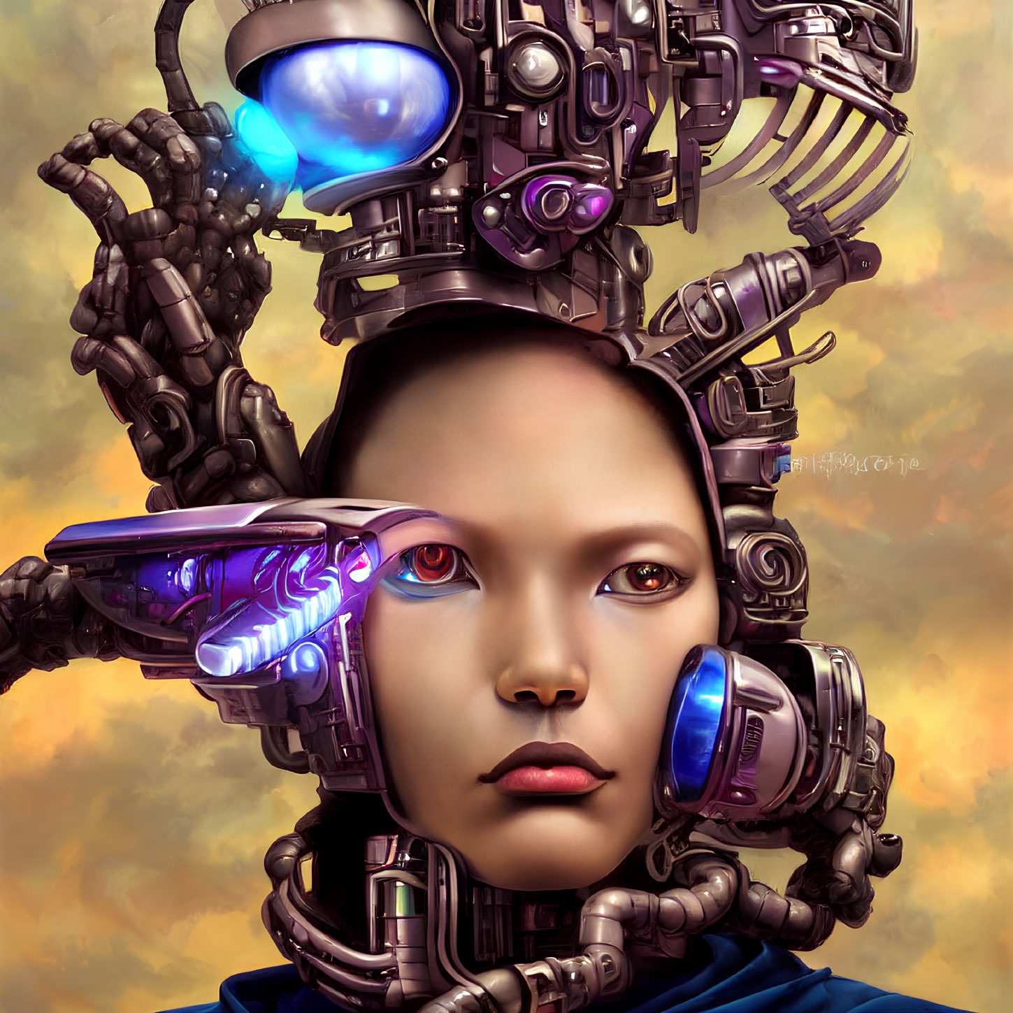 Digital artwork: Woman's face merged with cybernetic headgear, glowing elements, sci-fi aesthetic