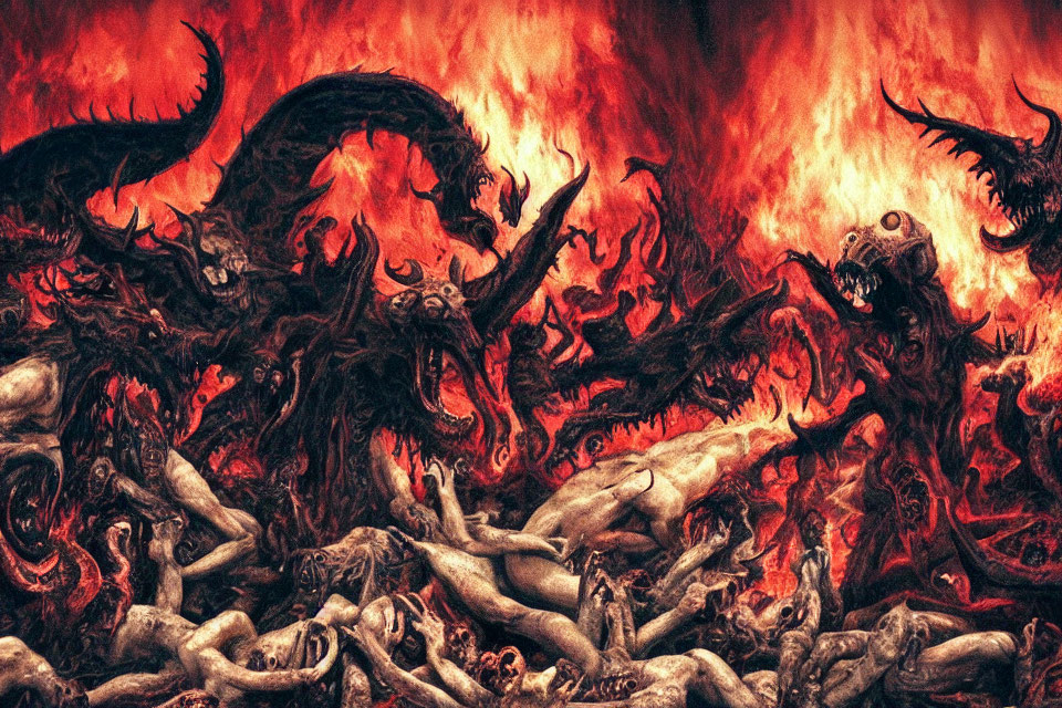 Sinister hellscape with demonic creatures and tormented souls in fiery chaos