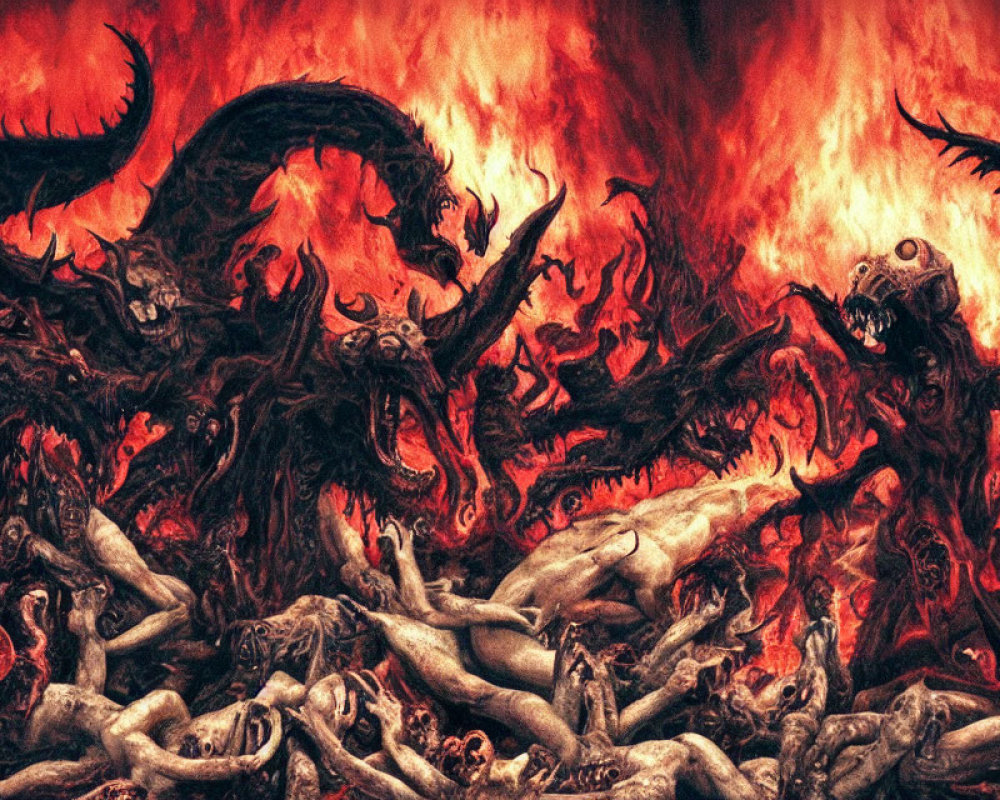 Sinister hellscape with demonic creatures and tormented souls in fiery chaos