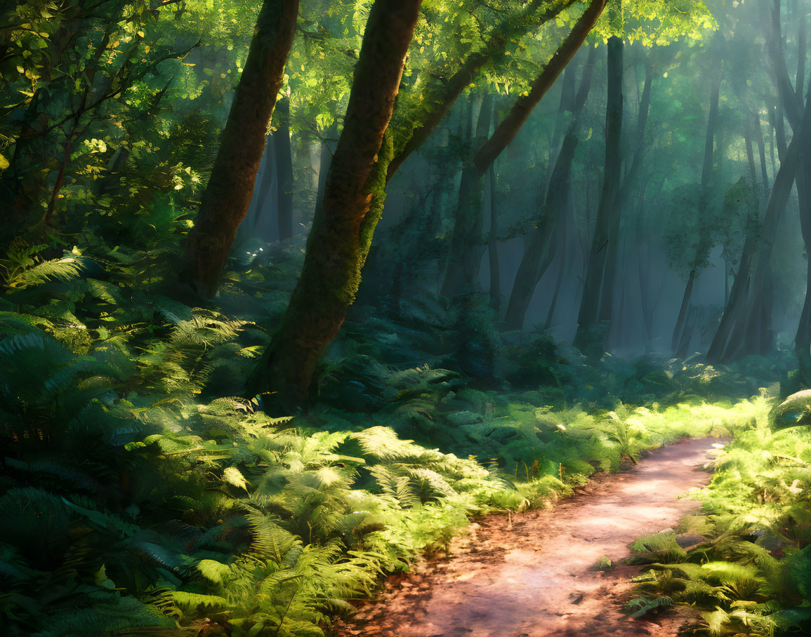 Verdant forest path with sunlight filtering through