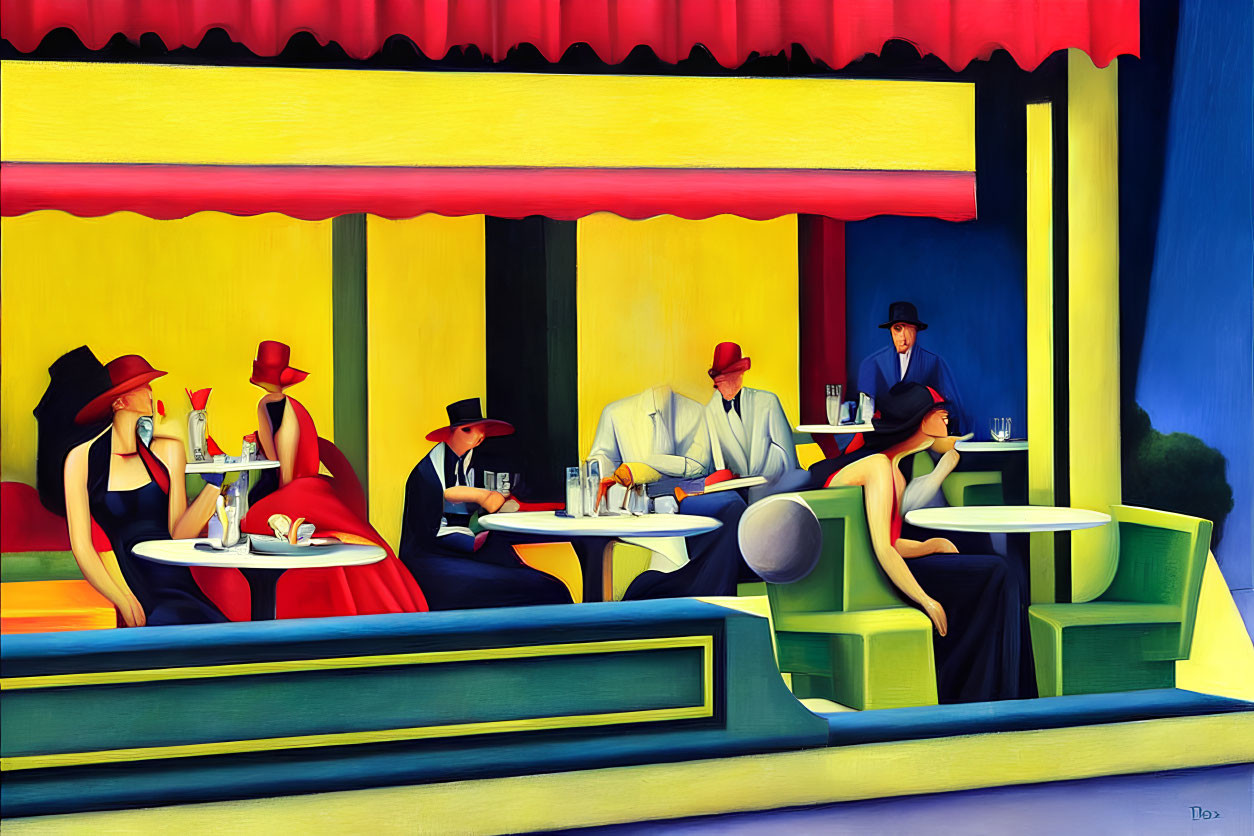Abstract Cafe Scene with Elegantly Dressed Figures and Cocktails