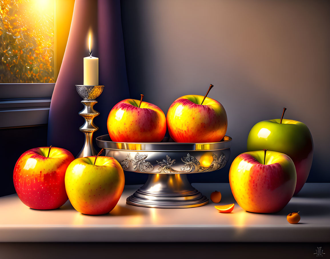 Red and Green Apples Still Life with Candle and Silver Bowl on Autumn Window Background