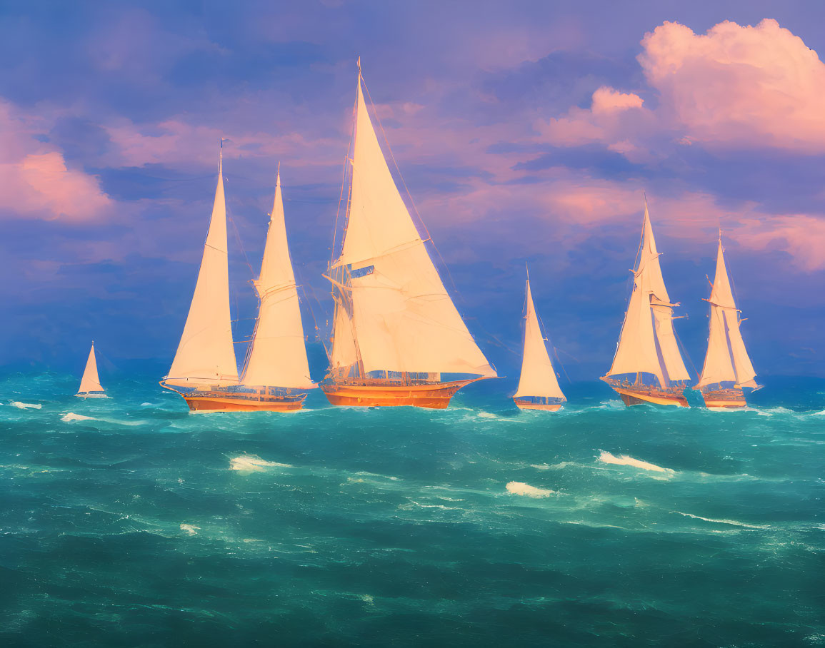White sail sailing ships on choppy turquoise waters under dramatic orange and blue sky
