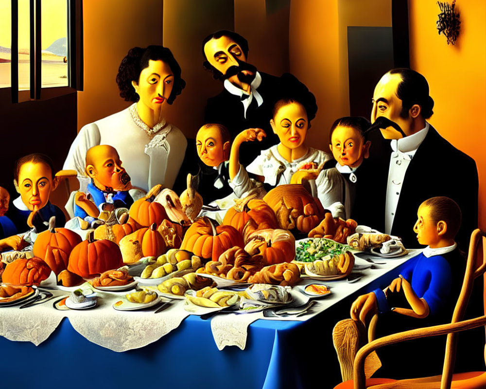 Vibrant painting of large family gathering with exaggerated features
