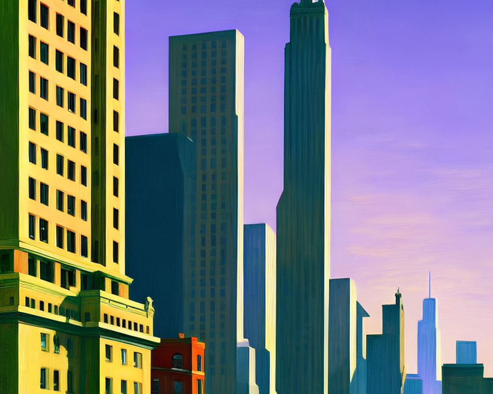 Vibrant cityscape with colorful skyscrapers under clear sky