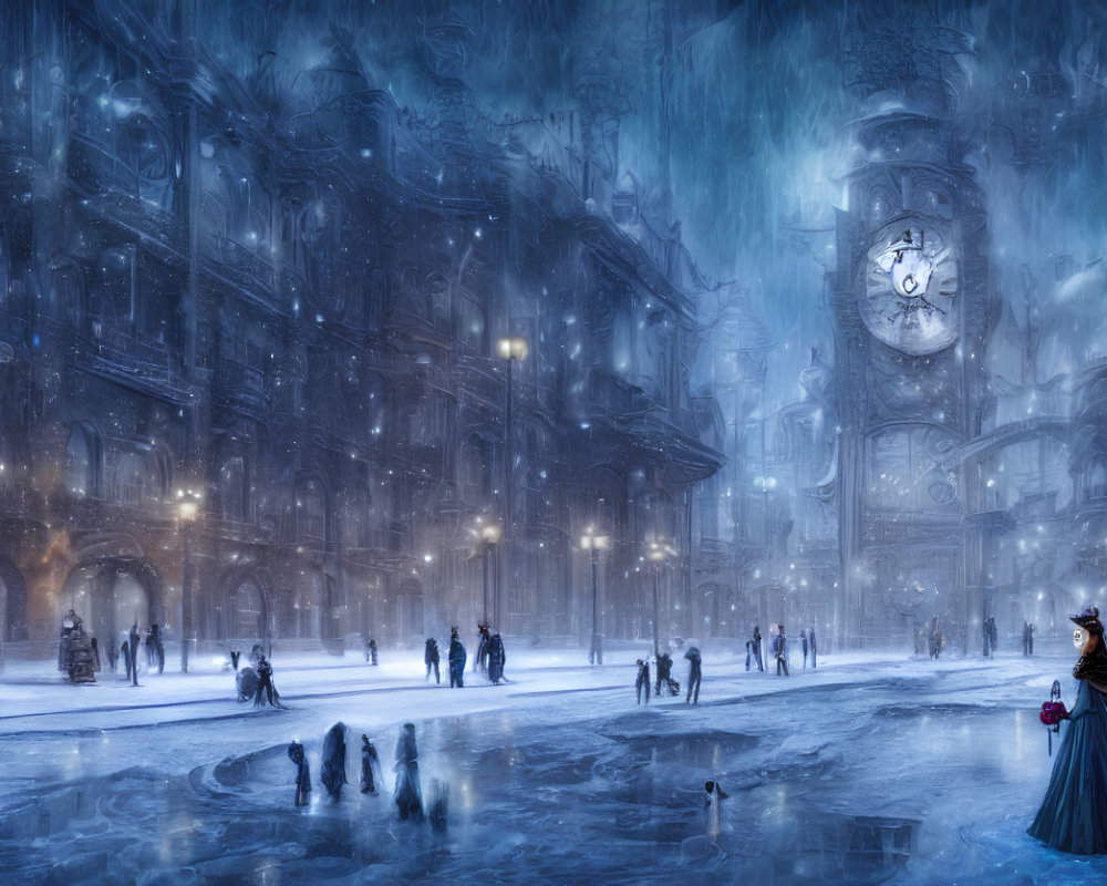 Victorian snowy cityscape with clock tower and period-dressed people