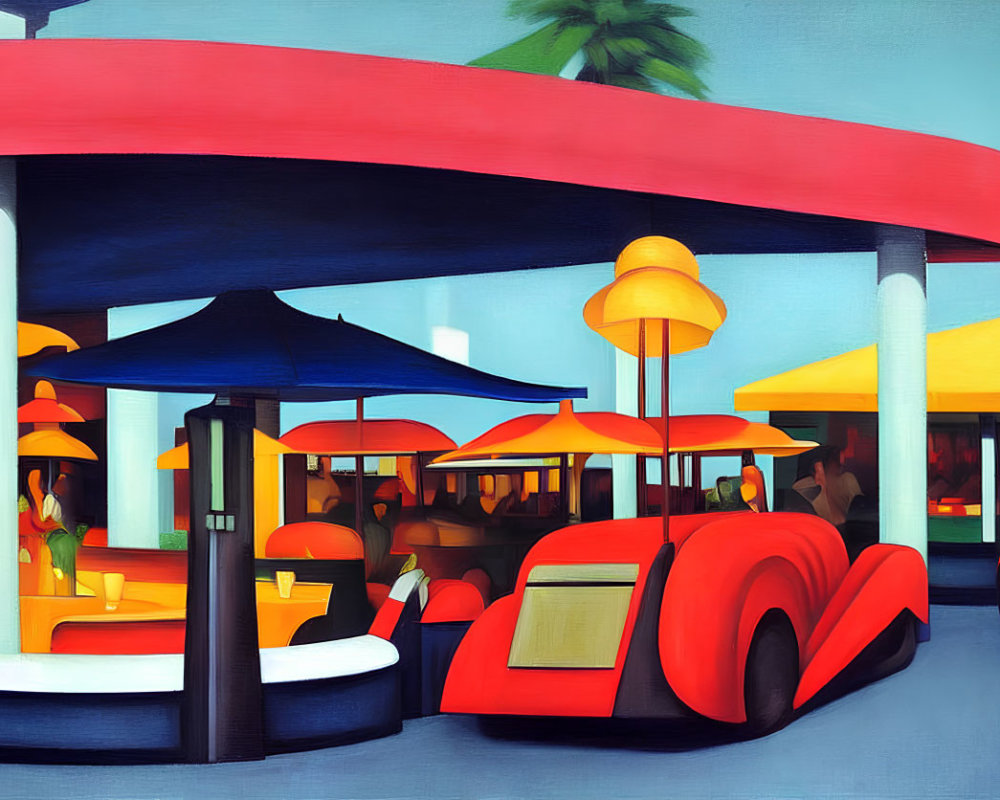 Colorful Retro Diner Painting with Red Cars and Palm Trees