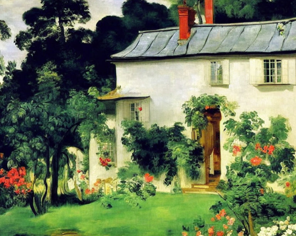 White Cottage with Red Chimneys Surrounded by Greenery and Flowers