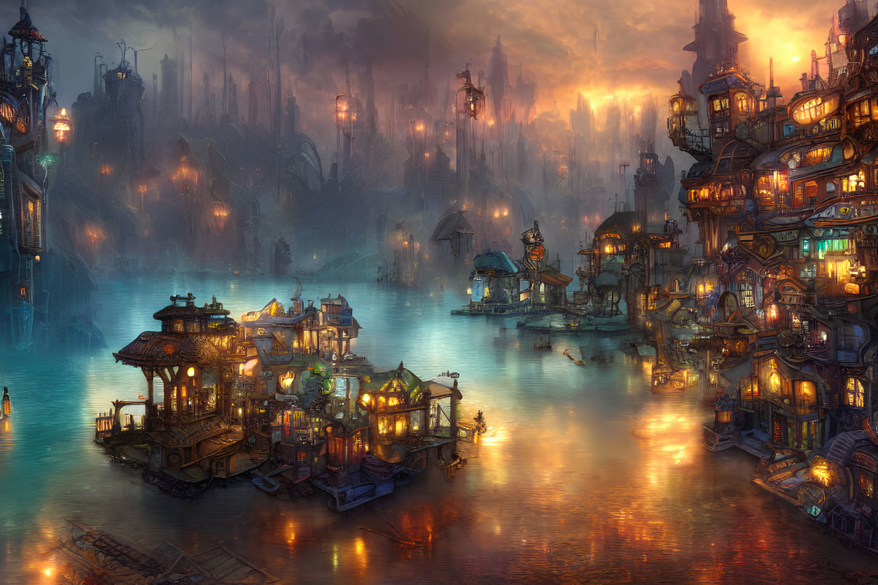 Detailed Fantasy Cityscape: Illuminated Buildings, Water Reflections, Towering Structures