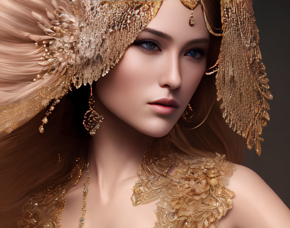 Intricate gold jewelry on woman against neutral background