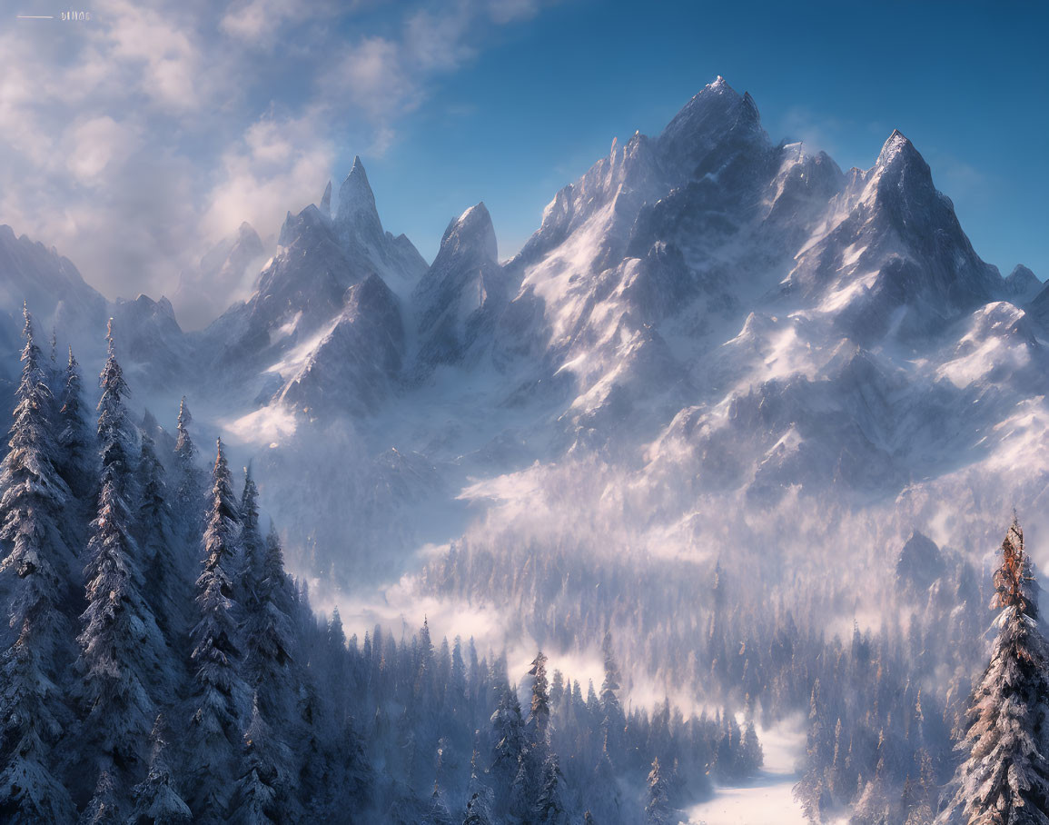 Snowy Mountain Peaks Over Evergreen Forest in Serene Atmosphere