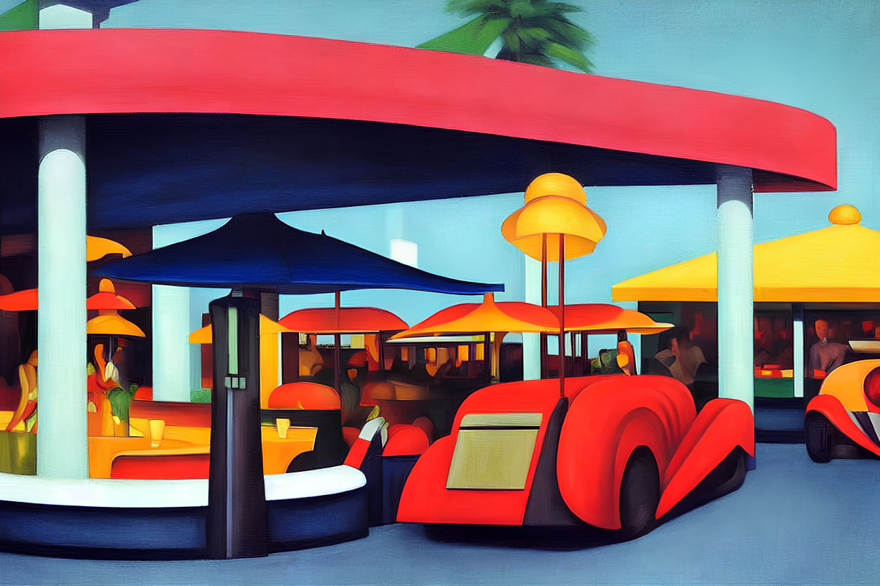 Colorful Retro Diner Painting with Red Cars and Palm Trees