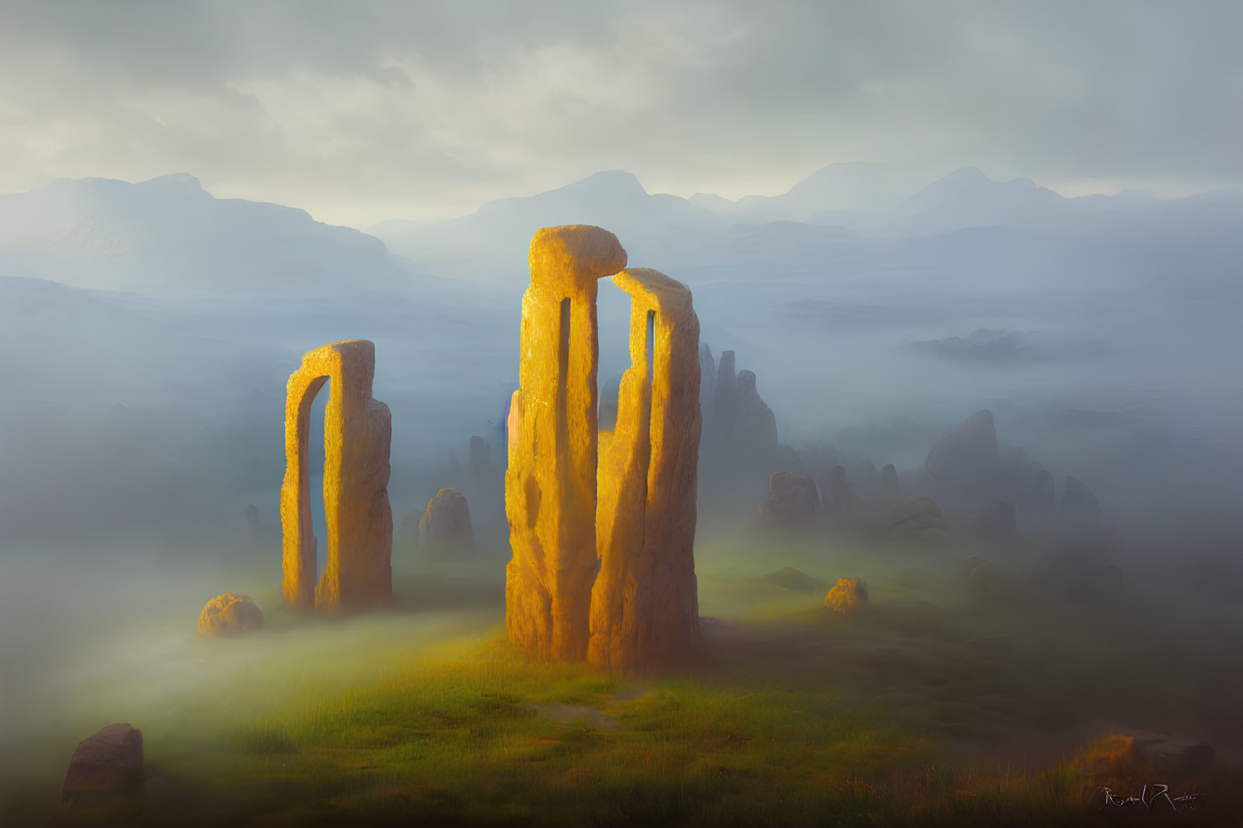 Golden Rock Formations Amid Misty Landscape and Greenery