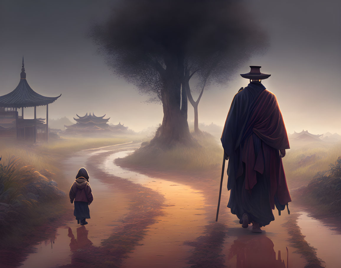 Child and robed figure on misty path near pagoda and tree at sunset